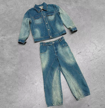 MENS SET 001  Manufacturer Custom Faded Two Piece Pant Set Embroidery Denim Jackets and Straight Jeans Trousers Denim Suits for Men